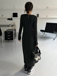 DAZY Solid Split Thigh Dress - Black - View 4