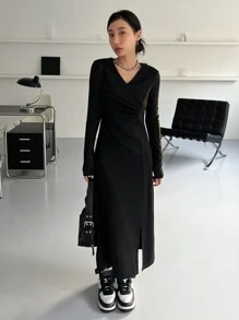 DAZY Solid Split Thigh Dress - Black - View 5