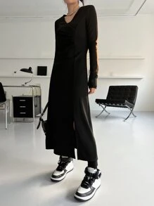 DAZY Solid Split Thigh Dress - Black - View 6