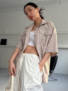 DAZY Button Front Flap Pocket Drop Shoulder Coat - Khaki - View 1