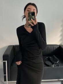 DAZY Solid Split Thigh Dress - Black - View 8