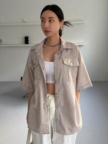 DAZY Button Front Flap Pocket Drop Shoulder Coat - Khaki - View 2