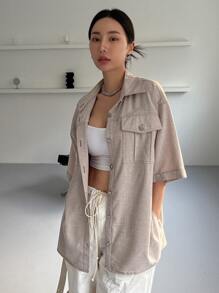 DAZY Button Front Flap Pocket Drop Shoulder Coat - Khaki - View 3