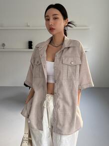 DAZY Button Front Flap Pocket Drop Shoulder Coat - Khaki - View 7