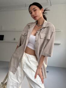 DAZY Button Front Flap Pocket Drop Shoulder Coat - Khaki - View 8