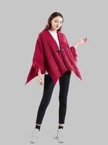 Duffle Button Decor Fringe Trim Shawl - Red - View 2