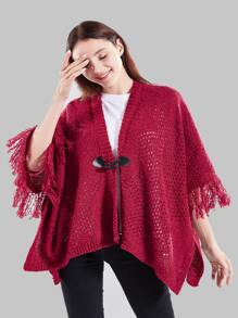 Duffle Button Decor Fringe Trim Shawl - Red - View 1