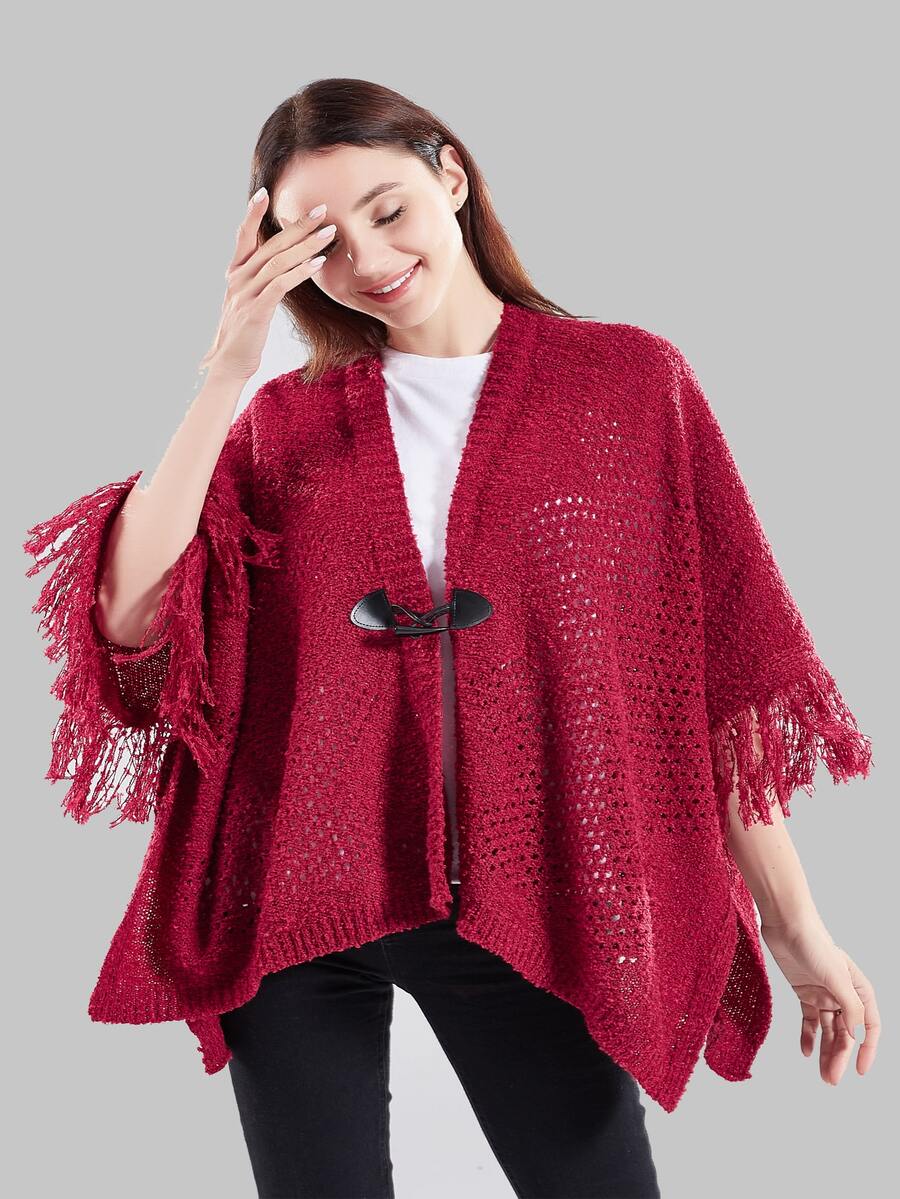 Duffle Button Decor Fringe Trim Shawl - Red - View 1