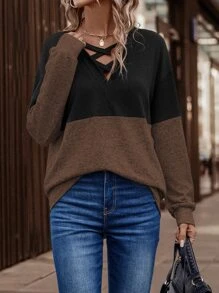 SHEIN LUNE Two Tone Crisscross Drop Shoulder Sweatshirt - Multicolor - View 3