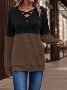 SHEIN LUNE Two Tone Crisscross Drop Shoulder Sweatshirt - Multicolor - View 5