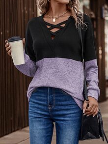 SHEIN LUNE Two Tone Crisscross Drop Shoulder Sweatshirt - Multicolor - View 4