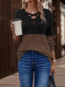 SHEIN LUNE Two Tone Crisscross Drop Shoulder Sweatshirt - Multicolor - View 6