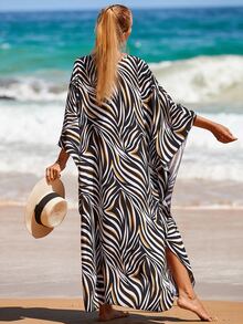 Zebra Striped Print Batwing Sleeve Cover Up Kaftan Dress - Multicolor - View 3