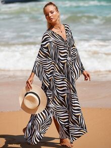 Zebra Striped Print Batwing Sleeve Cover Up Kaftan Dress - Multicolor - View 4