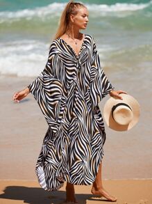 Zebra Striped Print Batwing Sleeve Cover Up Kaftan Dress - Multicolor - View 2