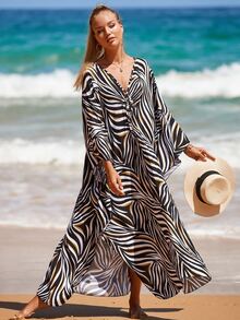 Zebra Striped Print Batwing Sleeve Cover Up Kaftan Dress - Multicolor - View 7