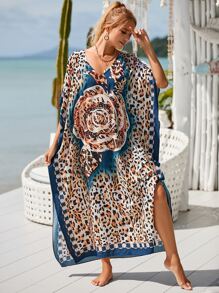 Floral and Leopard Print Split Thigh Cover Up - Multicolor - View 1