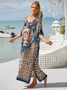 Floral and Leopard Print Split Thigh Cover Up - Multicolor - View 3