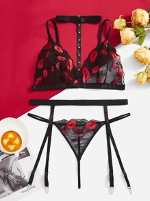 Plus Lip Embroidery Mesh Garter Lingerie Set - Black - View 1