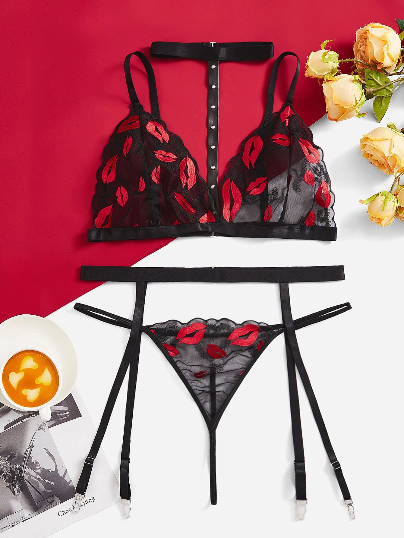 Plus Lip Embroidery Mesh Garter Lingerie Set - Black - View 1