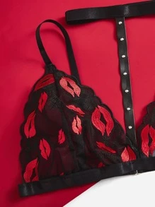 Plus Lip Embroidery Mesh Garter Lingerie Set - Black - View 4