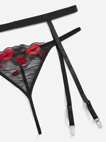 Plus Lip Embroidery Mesh Garter Lingerie Set - Black - View 5
