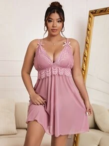 Plus Contrast Lace Mesh Robe & Cami Dress PJ Set / Pajama Set