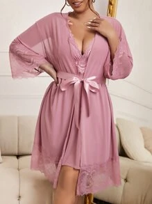 Plus Contrast Lace Mesh Robe & Cami Dress PJ Set / Pajama Set