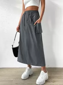 SHEIN EZwear Gorpcore eo cao có túi vạt bên hông váy dây rút - Xám - Xem 3