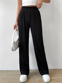 SHEIN EZwear 紙袋腰直筒褲 - 黑色 - 查看 3