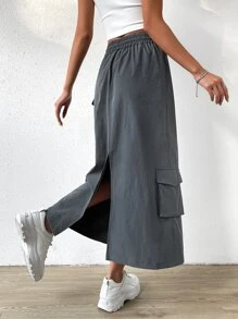 SHEIN EZwear Gorpcore eo cao có túi vạt bên hông váy dây rút - Xám - Xem 2