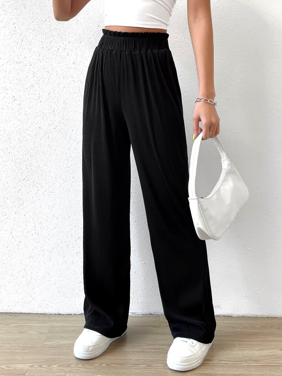 SHEIN EZwear 紙袋腰直筒褲 - 黑色 - 查看 1