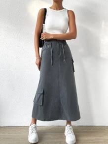 SHEIN EZwear Gorpcore eo cao có túi vạt bên hông váy dây rút - Xám - Xem 4