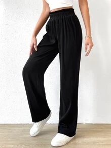 SHEIN EZwear 紙袋腰直筒褲 - 黑色 - 查看 4