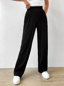 SHEIN EZwear 紙袋腰直筒褲 - 黑色 - 查看 5