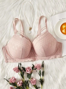 Plus Floral Lace Underwire Bra - Pink - View 1