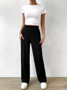 SHEIN EZwear 紙袋腰直筒褲 - 黑色 - 查看 7