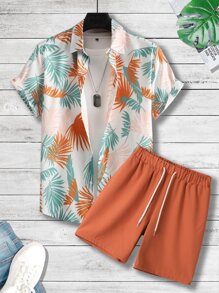 Manfinity RSRT Men Tropical Print Shirt & Drawstring Waist Shorts Without Tee, Beach Vacation Clolorful Set - Multicolor - View 1