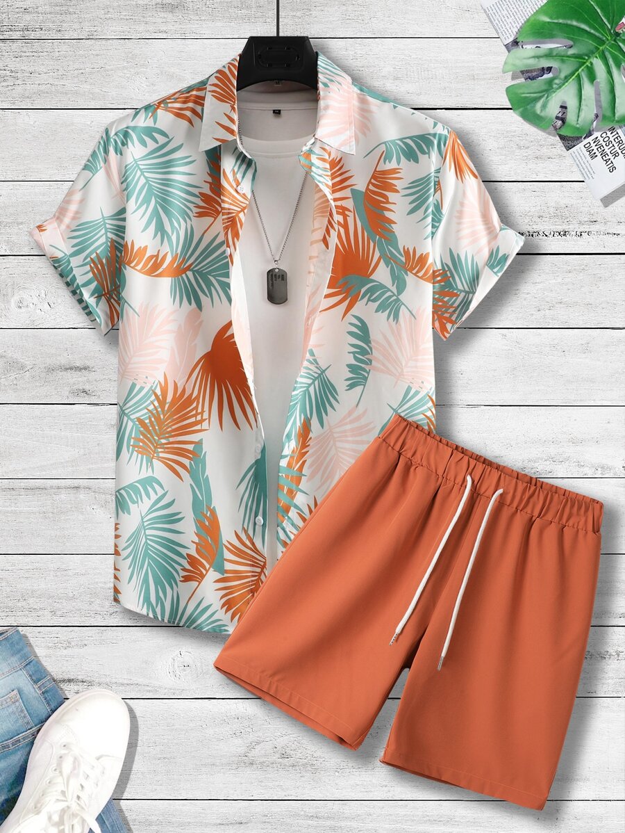 Manfinity RSRT Men Tropical Print Shirt & Drawstring Waist Shorts Without Tee, Beach Vacation Clolorful Set - Multicolor - View 1