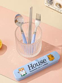 3 piezas con estampado de gato y letra Set cubiertos & 1 pieza Caja - Multicolor - Ver 4