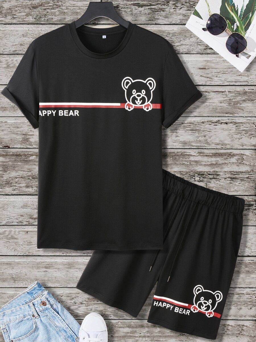Manfinity Men Bear & Letter Graphic Tee & Shorts - Black - View 1