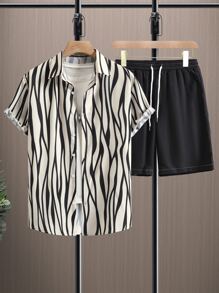 Manfinity Men Zebra Striped Shirt & Drawstring Waist Shorts Without Tee - Multicolor - View 1
