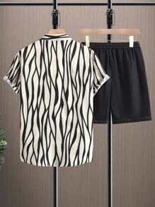 Manfinity Men Zebra Striped Shirt & Drawstring Waist Shorts Without Tee - Multicolor - View 2