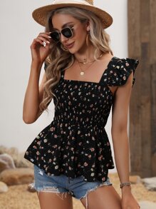 SHEIN LUNE 碎花荷葉邊荷葉邊下擺襯衫