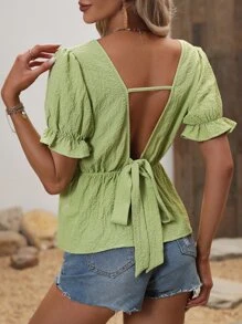 SHEIN LUNE Tie Backless Flounce Sleeve Peplum Blouse
