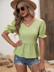 SHEIN LUNE Tie Backless Flounce Sleeve Peplum Blouse