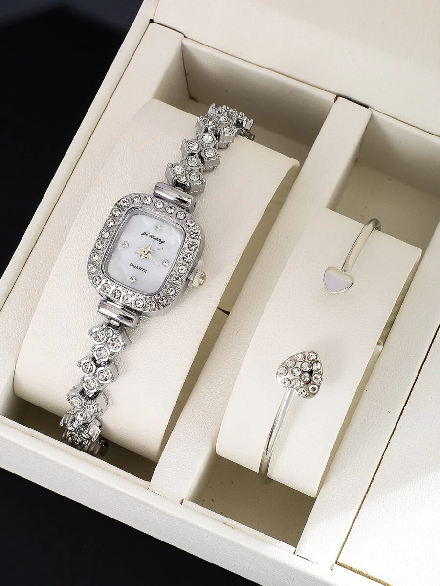 1入組水鑽裝飾方形指針石英手錶和1入組手環 - 銀色 - 查看 1