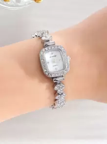 1入組水鑽裝飾方形指針石英手錶和1入組手環 - 銀色 - 查看 3