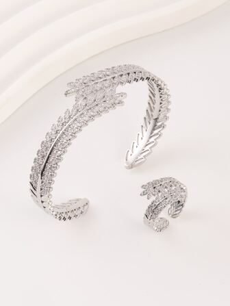 Rhinestone Leaf Decor Cuff Bangle & Cuff Ring