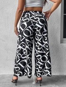 Calvaya Plus Letter Graphic Split Thigh Tie Front Wide Leg Trousers - Black and White - View 2